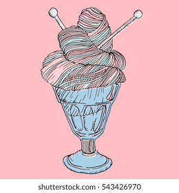 hand drawn detailed vector illustration of skein of yarn in ice cream cup. Design for sign, emblem, logo for knitting and crochet company.