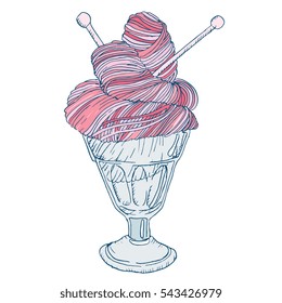 hand drawn detailed vector illustration of skein of yarn in ice cream cup. Design for sign, emblem, logo for knitting and crochet company.