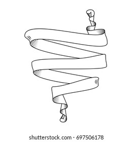 Hand drawn detailed vector scroll ribbon in outline or contour drawing. Single isolated vector illustration of one retro short ribbon for three words, thin line