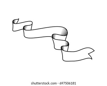 Hand drawn detailed vector scroll ribbon in outline or contour drawing. Single isolated vector illustration of one retro short ribbon in vintage style, thin line