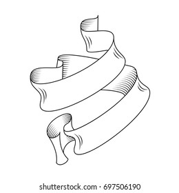 Hand drawn detailed vector scroll ribbon in outline or contour drawing. Single isolated vector illustration of one retro short ribbon in vintage style, thin line
