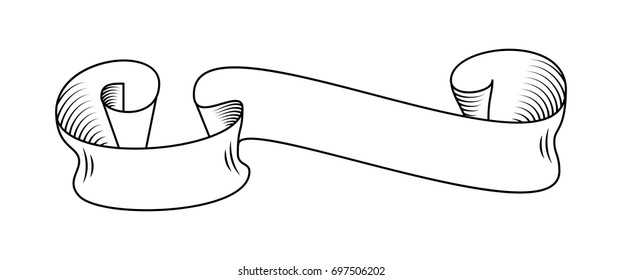 Hand drawn detailed vector scroll ribbon in outline or contour drawing. Single isolated vector illustration of one retro short ribbon in vintage style, thin line