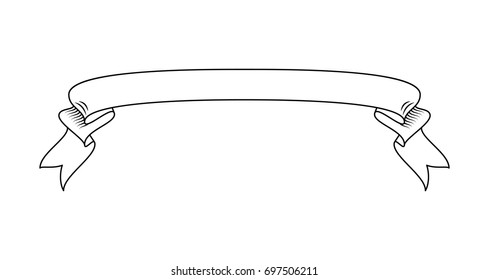 Hand drawn detailed vector scroll ribbon in outline or contour drawing. Single isolated vector illustration of one retro short ribbon in vintage style, thin line