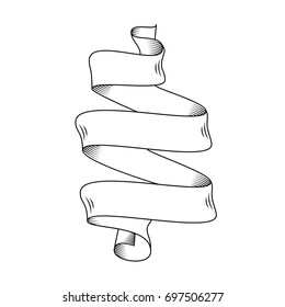 Hand drawn detailed vector scroll ribbon in outline or contour drawing. Single isolated vector illustration of one retro short ribbon for three words, thin line