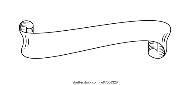Hand drawn detailed vector scroll ribbon in outline or contour drawing. Single isolated vector illustration of one retro short ribbon in vintage style, thin line