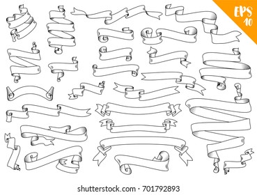 Hand drawn detailed vector scroll ribbons set in outline, contour drawing. Isolated vector illustration of retro short and long ribbons in vintage style, thin line