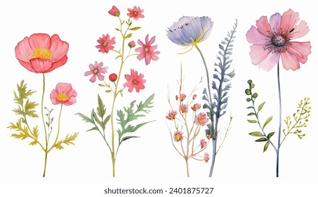 Hand drawn detailed watercolor wild flowers vector. Flowering plants, blooming flowers isolated on white background. 