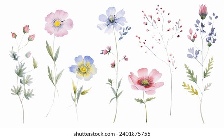 Vector de flores silvestres de acuarela con dibujos a mano. Plantas florecientes, flores florecientes aisladas en fondo blanco. 