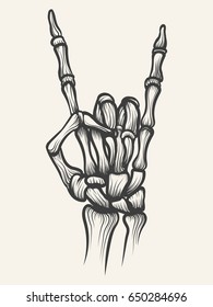 Hand drawn devil skeleton heavy metal bones hand horn. Vector illustration