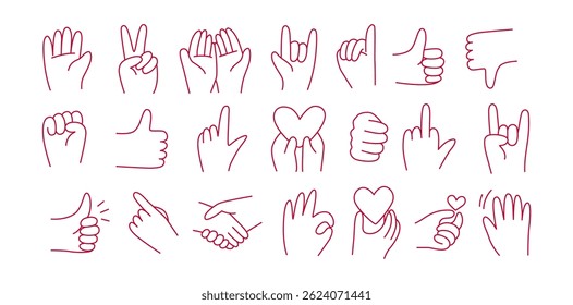 Hand drawn dHand drawn doodle vector set of 20 hand gestures. Includes symbols such as peace, thumb up, ok, love, pointing and handshake. Perfect for UI, stickers, posters and modern graphic design.