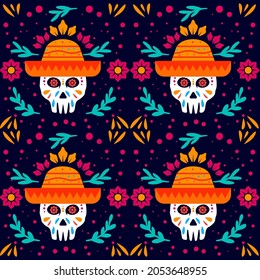 hand drawn dia de muertos pattern with skull use hat