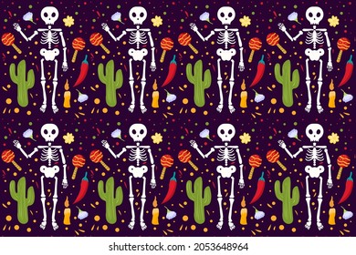 hand drawn dia de muertos pattern with skeleton