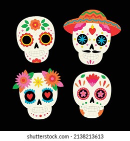 hand drawn dia de muertos skulls collection set vector