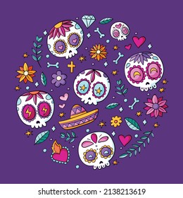 hand drawn dia de muertos skulls collection set vector