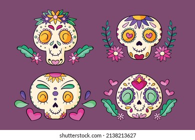 hand drawn dia de muertos skulls collection set vector