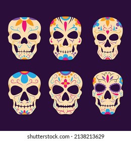 hand drawn dia de muertos skulls collection set vector