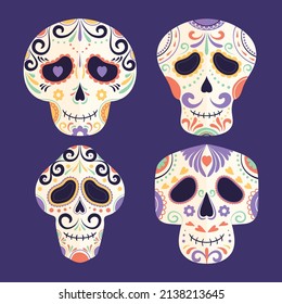 hand drawn dia de muertos skulls collection set vector
