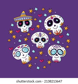 hand drawn dia de muertos skulls collection set vector