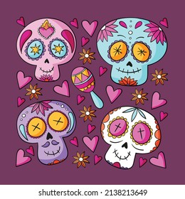 hand drawn dia de muertos skulls collection set vector