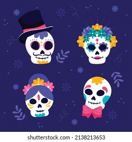 conjunto de colección de cráneos dibujados a mano dia de muertos vector