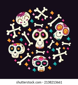 hand drawn dia de muertos skulls collection set vector