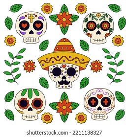 Hand drawn dia de muertos background with Mexican skulls.