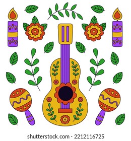 Hand drawn dia de muertos background with guitar and maracas.