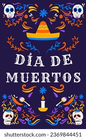 hand drawn dia de muertos vertical banner illustration with ornaments. translation: day of the dead