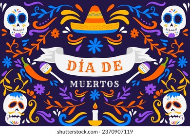 hand drawn dia de muertos horizontal banner illustration with ornaments. translation: day of the dead