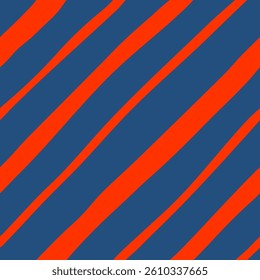 Hand drawn diagonal stripes vector seamless pattern. Modern minimal repeat design with bright red wobbly stripes on dark blue background. Simple geometric tile for apparel, home textile, media