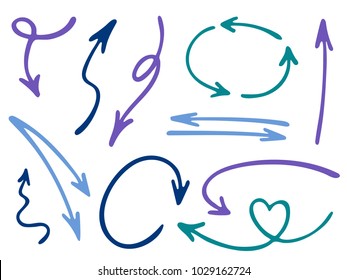 Hand drawn diagram arrow icons vector set. Up down pencil sketch arrows, right and left direction pointers, cycle and way symbols. Dimensional coordinates graphics. Abstract way pointers icon set.