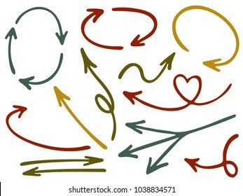 Hand drawn diagram arrow icons vector set. Up down marker sketch arrows, right and left direction pointers, cycle and way symbols. Scrible infographic elements. Painted way pointers icon set.