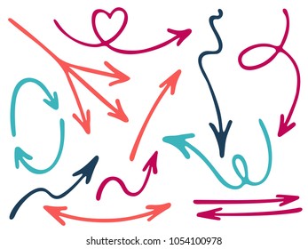Hand drawn diagram arrow icons vector set. Up down pen sketch arrows, right and left direction pointers, cycle and way symbols. Scrible infographic elements. Curve way pointers icon set.