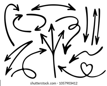 Hand drawn diagram arrow icons vector set. Up down pencil sketch arrows, right and left side pointers, cycle and direction symbols. Web interface design elements. Curve way pointers icon set.