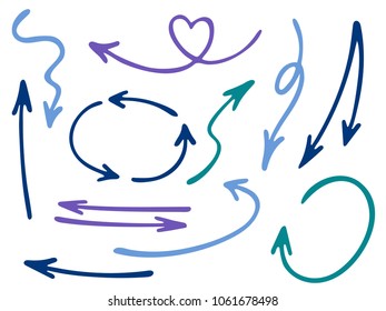 Hand drawn diagram arrow icons vector set. Up down pen sketch arrows, right and left direction pointers, cycle and way symbols. Dimensional coordinates graphics. Drawn way pointers icon set.