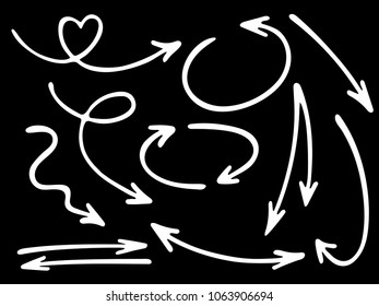Hand drawn diagram arrow icons vector set. Up down marker sketch arrows, right and left direction pointers, cycle and way symbols. Dimensional coordinates graphics. Directional way pointers icon set.