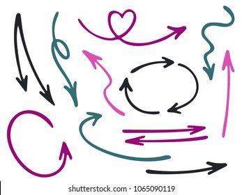 Hand drawn diagram arrow icons vector set. Up down pencil sketch arrows, right and left side pointers, cycle and direction symbols. Scrible infographic elements. Painted way pointers icon set.