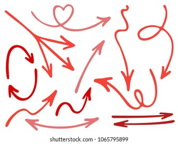 Hand drawn diagram arrow icons vector set. Up down marker sketch arrows, right and left direction pointers, cycle and way symbols. Dimensional coordinates graphics. Isolated way pointers icon set.