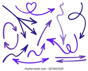 Hand drawn diagram arrow icons vector set. Up down pen sketch arrows, right and left direction pointers, cycle and way symbols. Dimensional coordinates graphics. Isolated way pointers icon set.