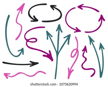 Hand drawn diagram arrow icons vector set. Up down pencil sketch arrows, right and left direction pointers, cycle and way symbols. Dimensional coordinates graphics. Cartoon way pointers icon set.
