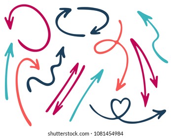 Hand drawn diagram arrow icons vector set. Up down marker sketch arrows, right and left direction pointers, cycle and way symbols. Business process scheme elements. Simple way pointers icon set.