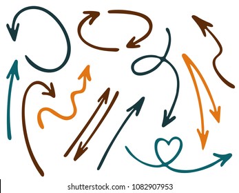 Hand drawn diagram arrow icons vector set. Up down pencil sketch arrows, right and left direction pointers, cycle and way symbols. Web interface design elements. Digital way pointers icon set.