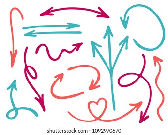 Hand drawn diagram arrow icons vector set. Up down pencil sketch arrows, right and left side pointers, cycle and direction symbols. Doodle infographic elements. Minimalist way pointers icon set.