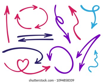 Hand drawn diagram arrow icons vector set. Up down pencil sketch arrows, right and left side pointers, cycle and direction symbols. Dimensional coordinates graphics. Modern way pointers icon set.