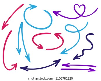 Hand drawn diagram arrow icons vector set. Up down pencil sketch arrows, right and left direction pointers, cycle and way symbols. Web interface design elements. Modern way pointers icon set.