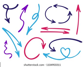 Hand drawn diagram arrow icons vector set. Up down marker sketch arrows, right and left direction pointers, cycle and way symbols. Doodle infographic elements. Digital way pointers icon set.