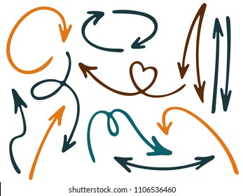 Hand drawn diagram arrow icons vector set. Up down pencil sketch arrows, right and left direction pointers, cycle and way symbols. Doodle infographic elements. Way pointers icon set.