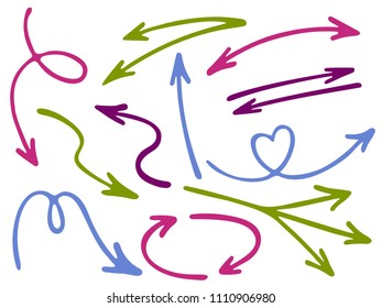Hand drawn diagram arrow icons vector set. Up down marker sketch arrows, right and left direction pointers, cycle and way symbols. Dimensional coordinates graphics. Abstract way pointers icon set.