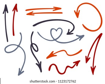 Hand drawn diagram arrow icons vector set. Up down pencil sketch arrows, right and left direction pointers, cycle and way symbols. Scrible infographic elements. Drawn way pointers icon set.