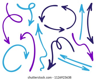 Hand drawn diagram arrow icons vector set. Up down pen sketch arrows, right and left direction pointers, cycle and way symbols. Doodle infographic elements. Grunge way pointers icon set.